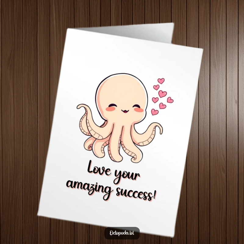 Funny Free Printable Congrats Card: Mischievous baby octopus blowing tiny ink clouds shaped like hearts, conveying congratulations and affection.