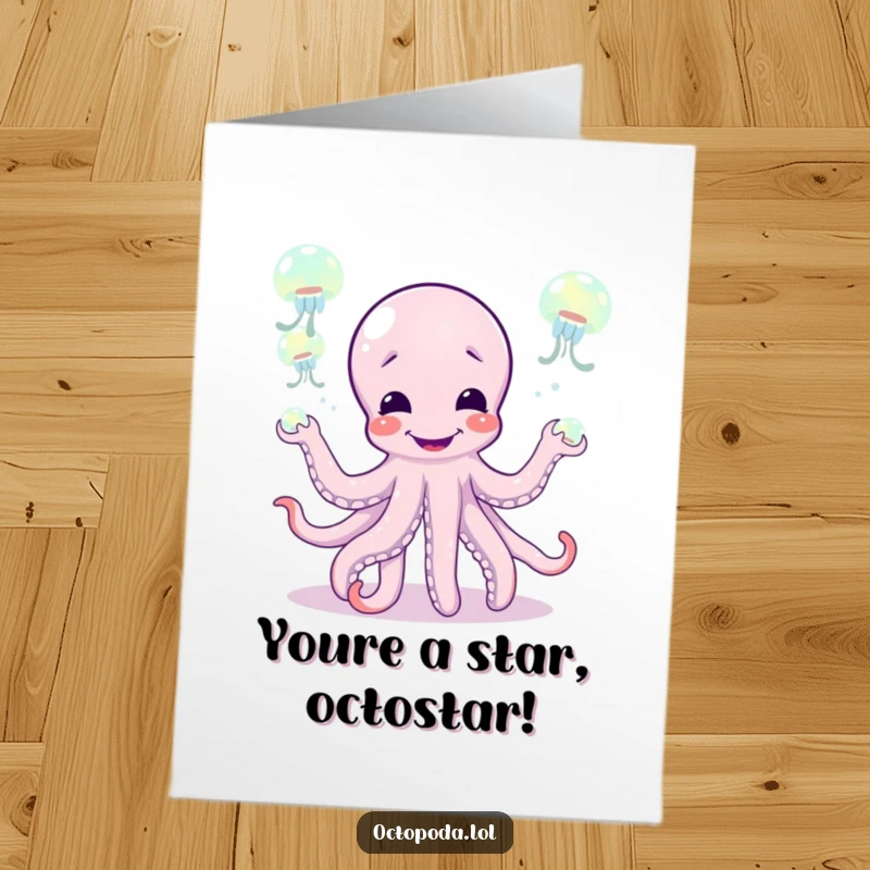 Funny Free Printable Congrats Card: Giggling octopus character expertly juggling glowing jellyfish, symbolizing celebratory success, print at home.