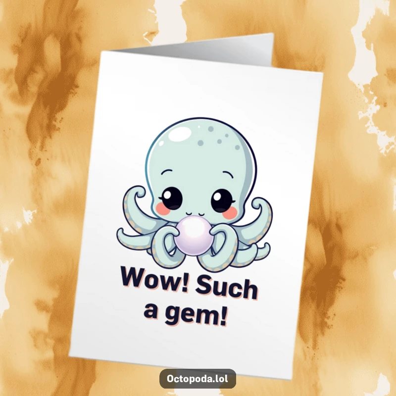 Funny Free Printable Congrats Card: Cute kawaii octopus with curious eyes inspecting a magnificent, glowing pearl.