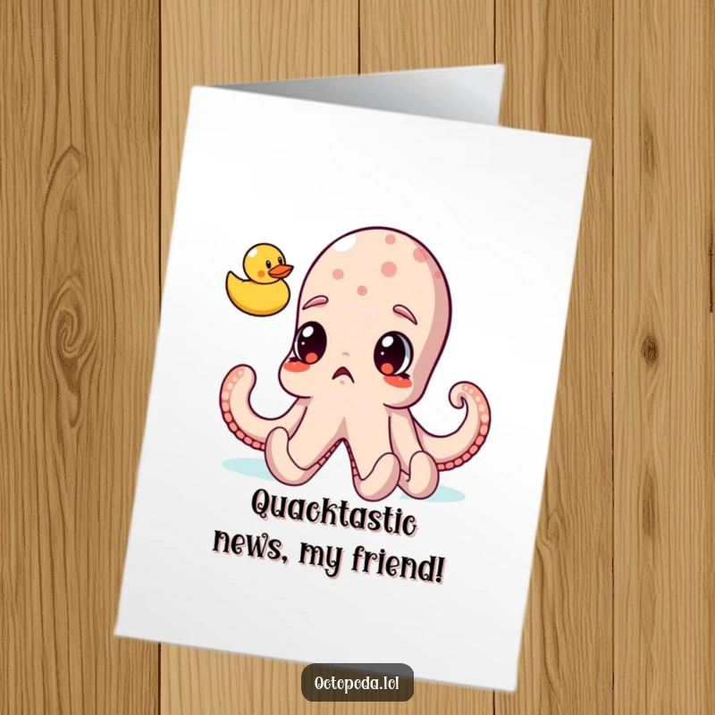 Funny Free Printable congratulations card showing a wide-eyed, astonished octopus observing a solitary rubber ducky floating nearby, a comical scene.
