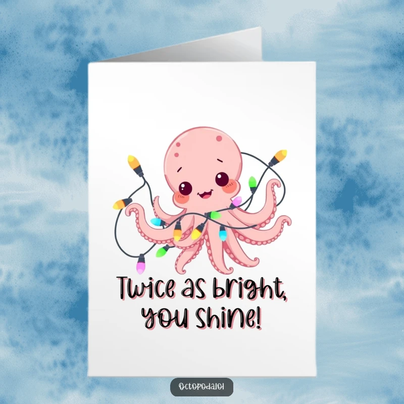 Funny Free Printable congratulations card showing a happy octopus comically entangled in a messy string of colorful lights, a festive celebratory image.