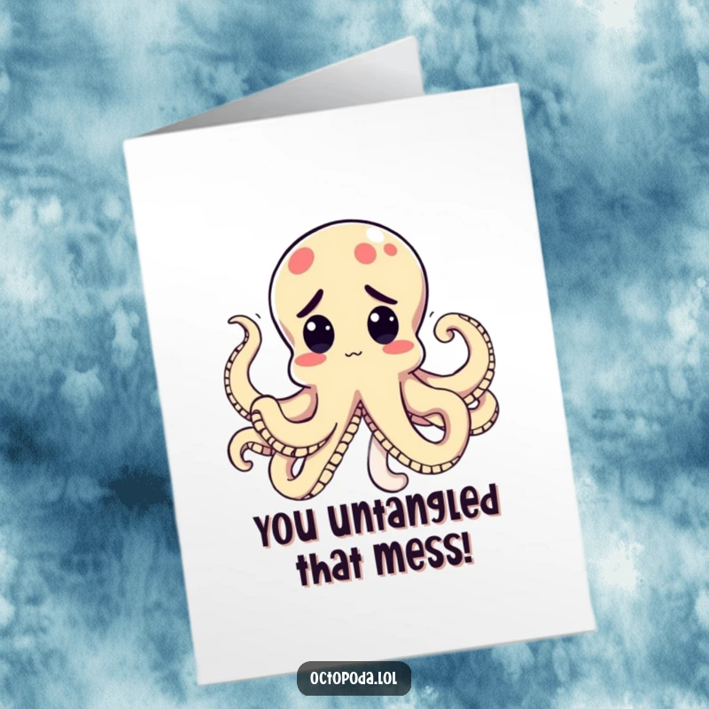 Funny Free Printable Congrats Card: Cute kawaii octopus in a funny knot, looking comically perplexed at their situation.