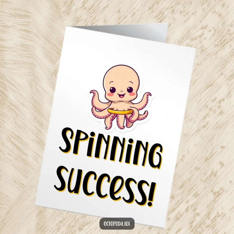 Funny free printable congratulations card showing a happy octopus character energetically spinning a small hula hoop.