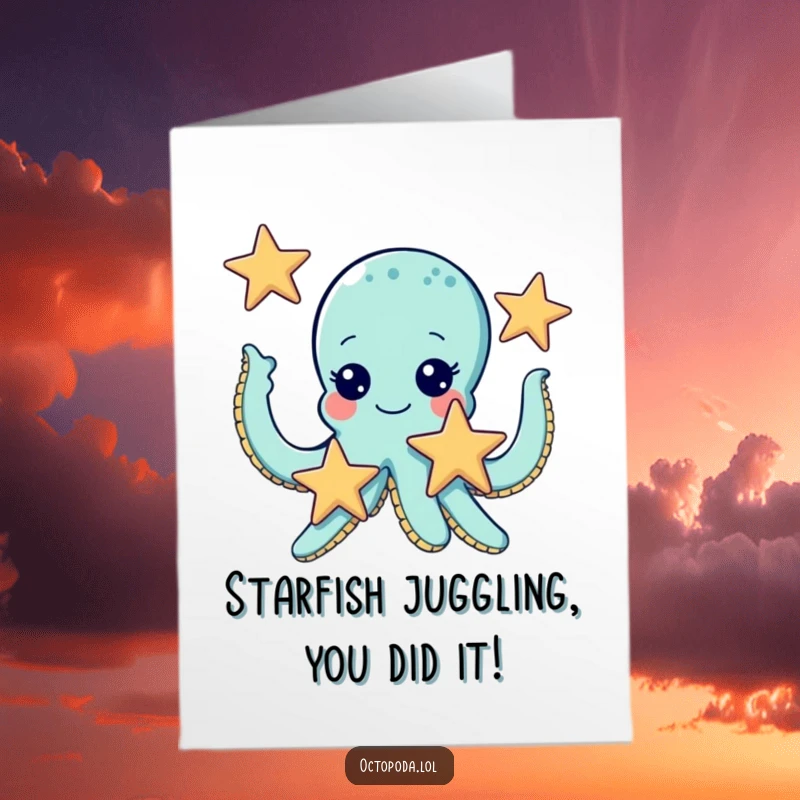 Funny free printable congratulations card: A gleeful octopus with wide eyes juggles three starfish, celebrating a fantastic achievement.