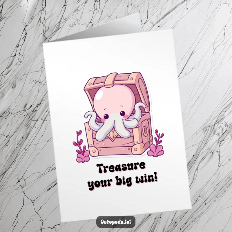 Funny Free Printable Octopus Treasure Congratulations Card: A chubby octopus emerges from a treasure chest, celebrating a valuable achievement.