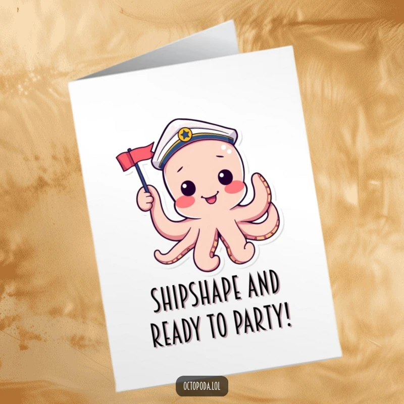 Funny Free Printable Congratulations Card: A cheerful octopus in a sailor hat waves a small flag, celebrating success with nautical flair.