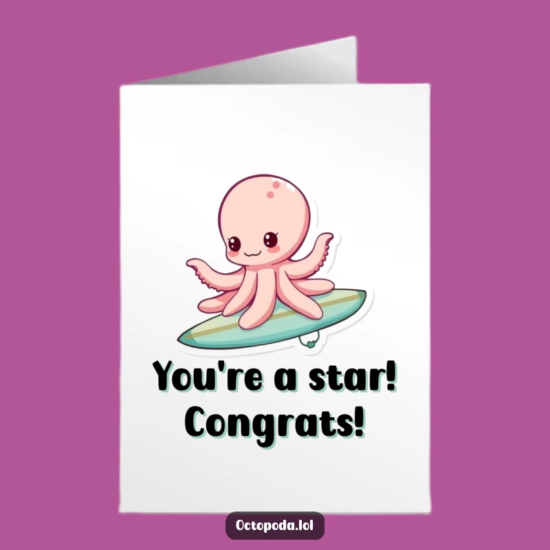 Free Printable Surfing Octopus Congrats Card: Exciting & Funny Downloadable Gift, Print at Home