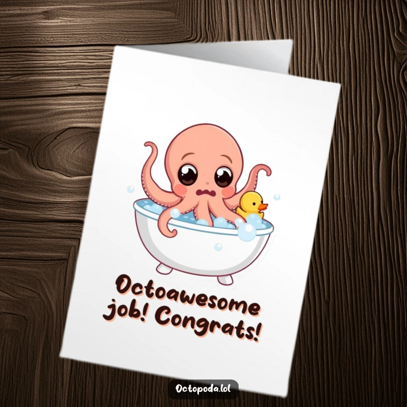 Funny Free Printable Congratulations Card: Octopus with surprised eyes jumps from a bubble bath, rubber duck in tow.