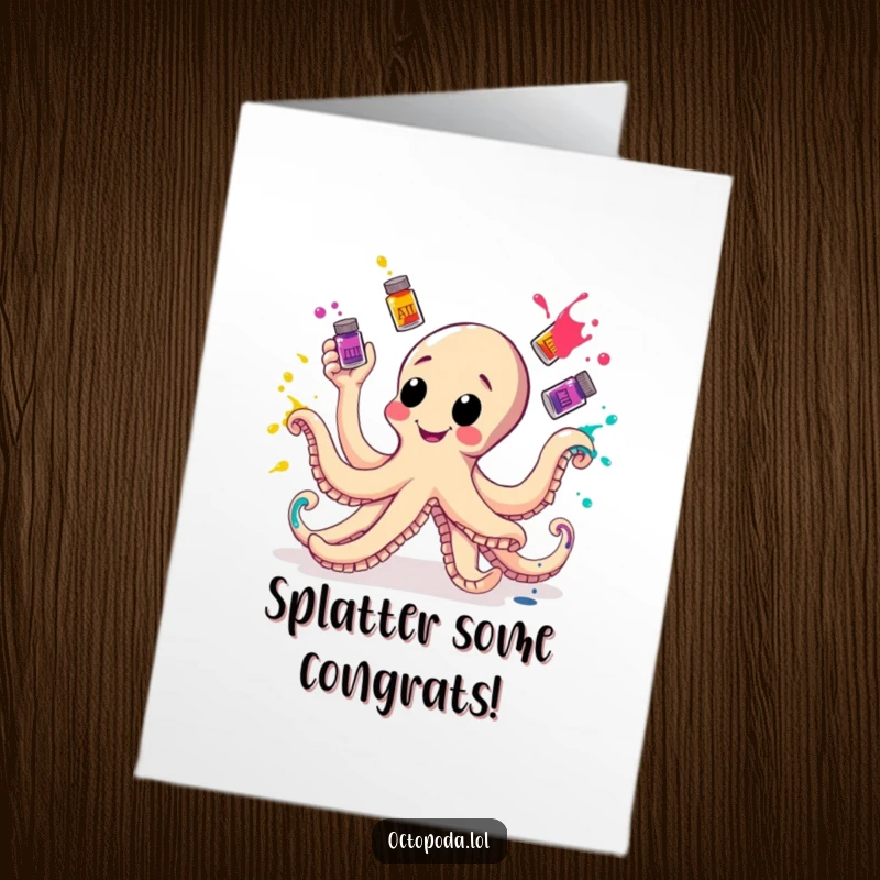 Funny Free Printable Congratulations Card: Octopus artistically juggles ink bottles, celebrating a colorful success.