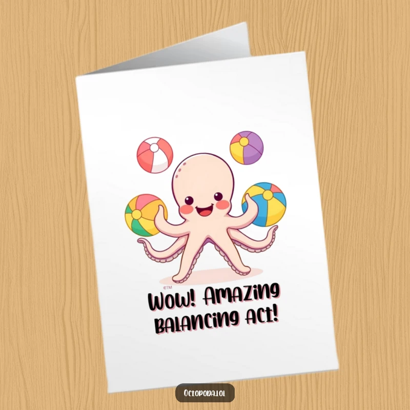 Funny Free Printable Congratulations Card: A smiling octopus juggles three colorful beach balls, celebrating a successful and humorous achievement.