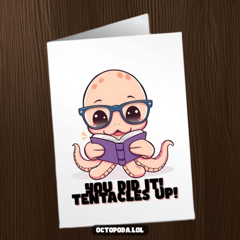 Funny Free Printable Congratulations Card: An octopus wearing oversized glasses peeks over a tiny book, celebrating success.