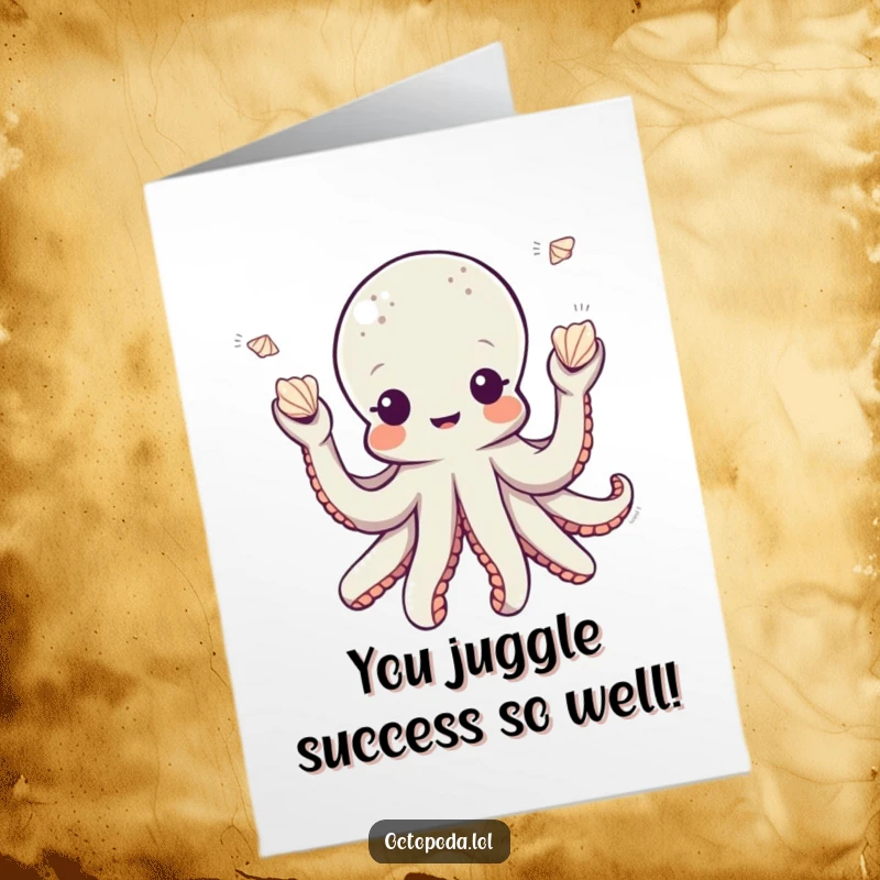 Funny Free Printable Congratulations Card: A playful octopus character expertly juggling multiple small seashells, celebrating success.