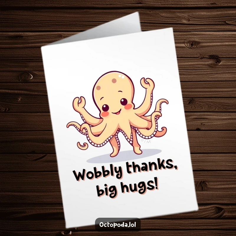 Funny Free Printable Octopus Thank You Card: Cute octopus dancing with many arms waving. Downloadable.