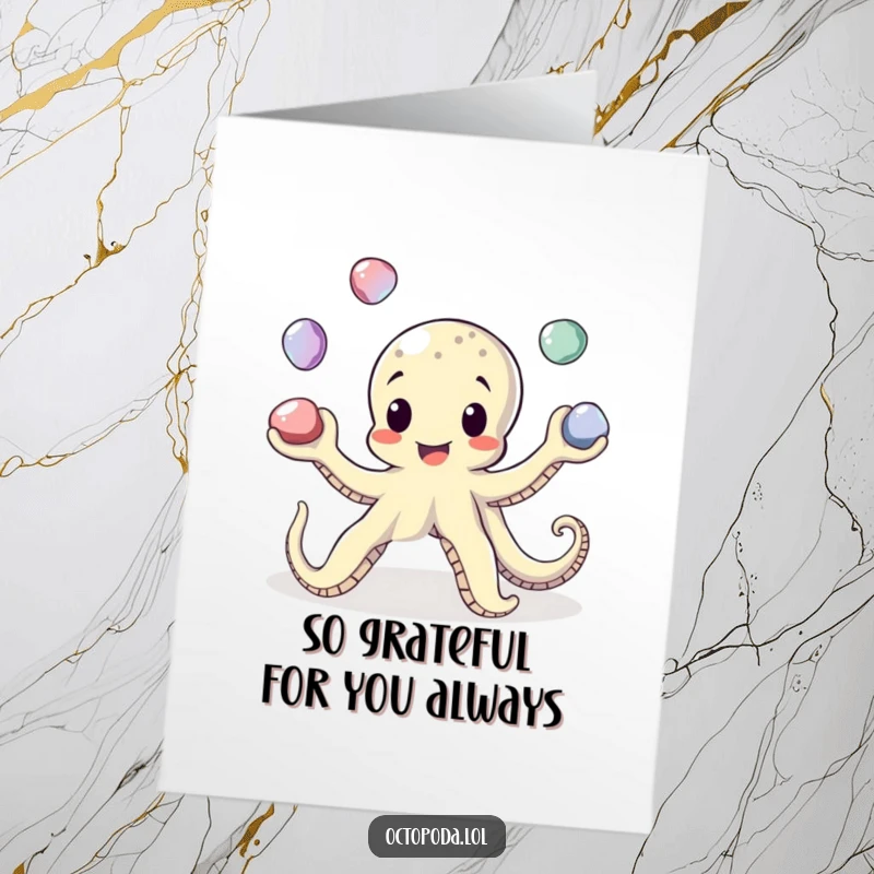 Funny Free Printable Octopus Thank You Card: Playful octopus juggling pebbles, expressing thanks with a cheerful, busy demeanor.