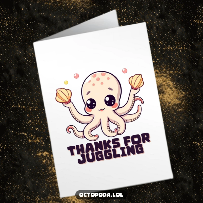Funny free printable thank you card featuring a googly-eyed octopus juggling seashells with a cheerful expression.