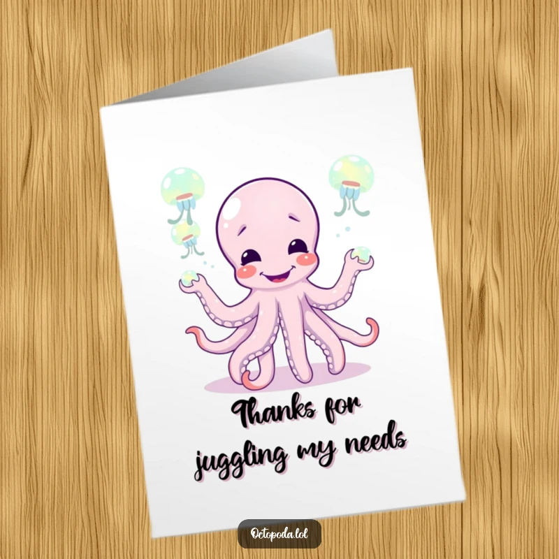 Funny Free Printable Thank You Card: Giggling octopus character juggling glowing jellyfish, expressing thanks with joyful abandon, print today.