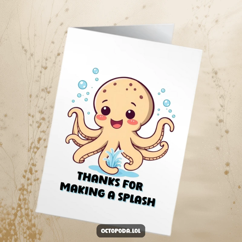 Funny Free Printable Thank You Card: Happy octopus spraying water like a playful fountain, conveying thanks with a cheerful splash.