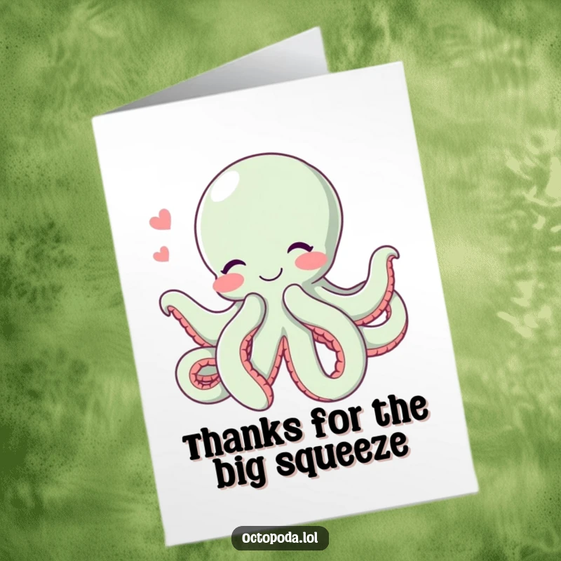Funny Free Printable Thank You Card: An octopus extends all its tentacles for a huge hug, showing gratitude.