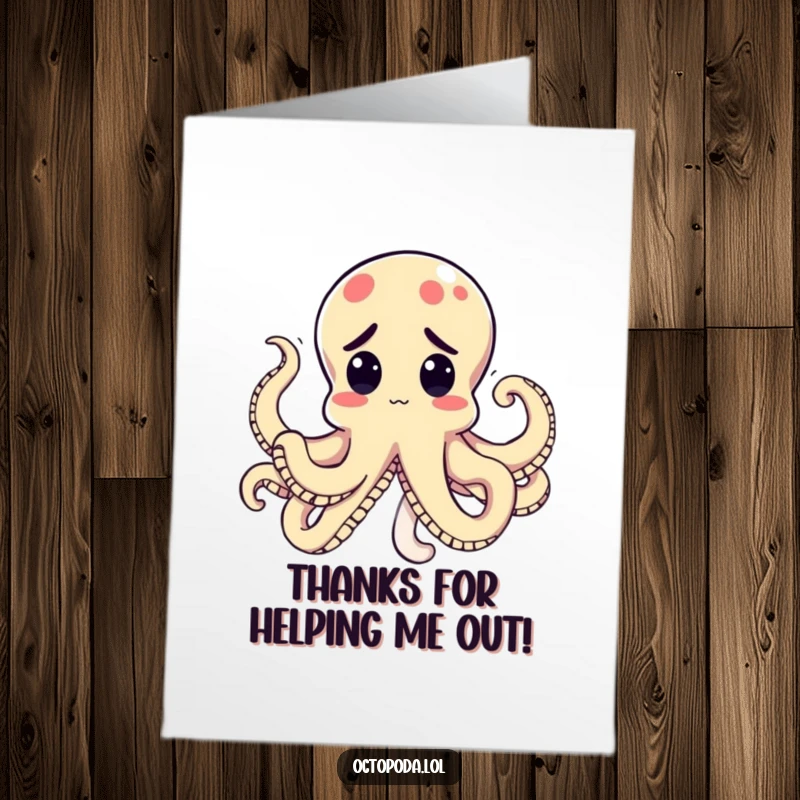 Funny Free Printable Thank You Card: Kawaii octopus with tentacles tied in a silly knot, looking bewildered.