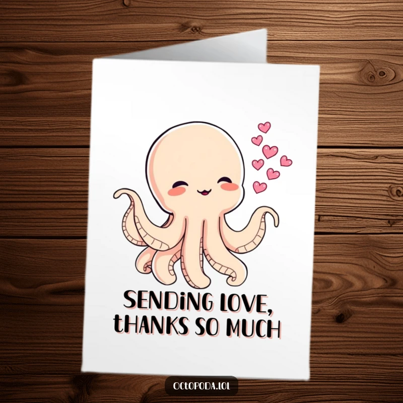 Funny Free Printable Thank You Card: Mischievous baby octopus character blowing tiny ink clouds shaped like hearts, a sweet way to say thanks.