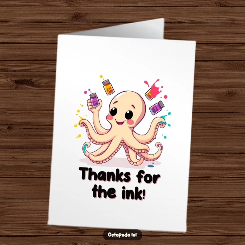 Funny Free Printable Thank You Card: Octopus juggles ink bottles, offering a colorful and playful thank you.
