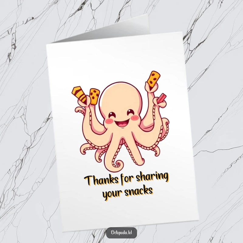 Funny Free Printable Thank You Card: A grinning octopus enthusiastically reaches out with several arms to grab a pile of delicious snacks.
