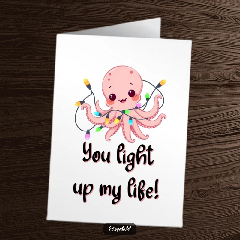 Funny Free Printable thank you card depicting a playful octopus comically tangled in a string of vibrant, colorful lights, a humorous expression of thanks.