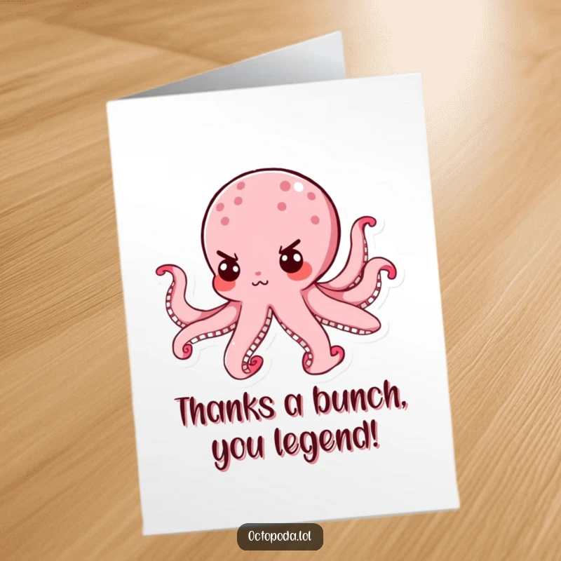 Funny Free Printable Octopus Thank You Card: Determined octopus swimming purposefully, conveying sincere thanks with a focused, tiny expression.
