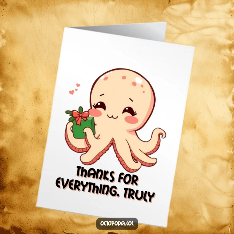 Funny Free Printable Thank You Card: A shy, blushing octopus offers a small gift wrapped in seaweed, perfect for expressing gratitude.