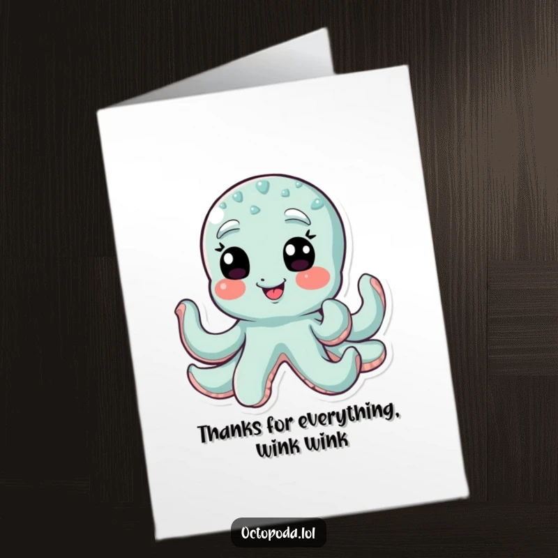 Funny Free Printable Thank You Card: A giggling octopus winking mischievously with all its eyes, conveying thanks.