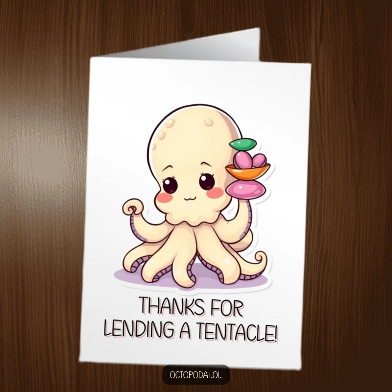 Funny Free Printable Thank You Card: A determined little octopus attempting to stack shiny shells with its tentacle.
