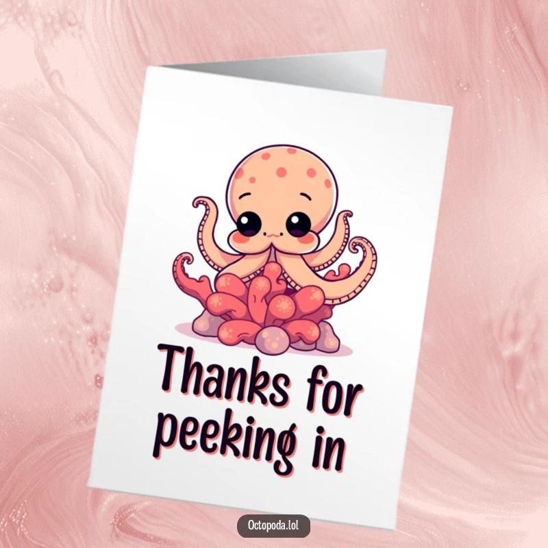 Funny free printable thank you card: A curious octopus with wide, wondering eyes peeks out from behind a lush, vibrant coral.