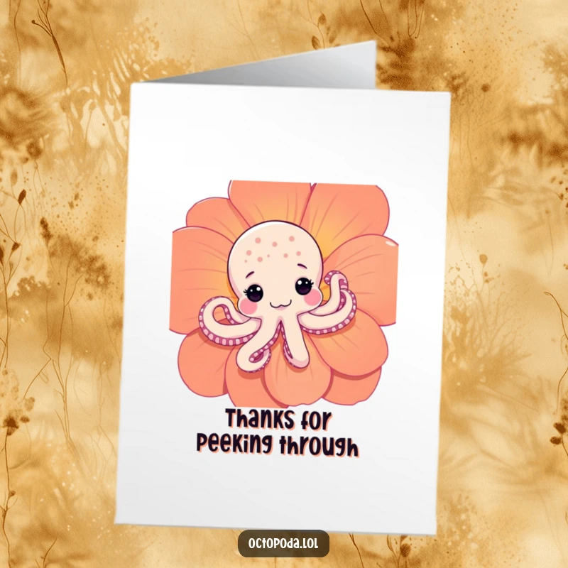 Funny Free Printable Thank You Card: A shy octopus hides behind a large flower, peeking out to say thank you.