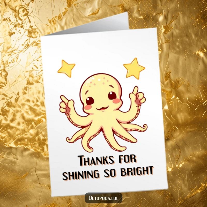 Funny Free Printable Thank You Card: A curious octopus points its arms towards a twinkling star, expressing heartfelt thanks.