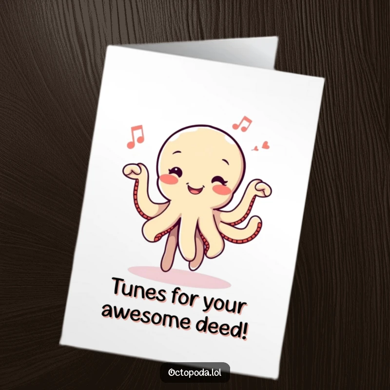 Funny Free Printable Octopus Dance Thank You Card: A delighted octopus dancing with cheerful musical notes, expressing profound gratitude.