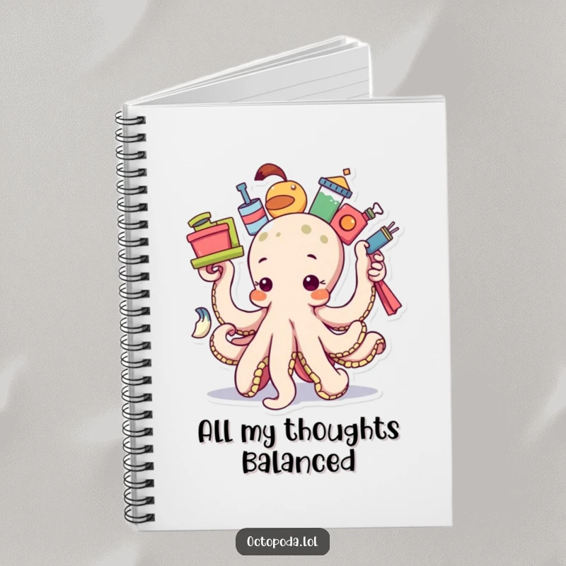 Funny determined octopus notebook cover, showing an octopus balancing multiple items, inspiring focused productivity.