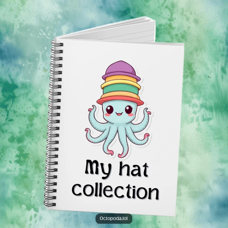 Funny Notebook with a cheerful octopus character balancing seven colorful hats, ideal for creative writing.