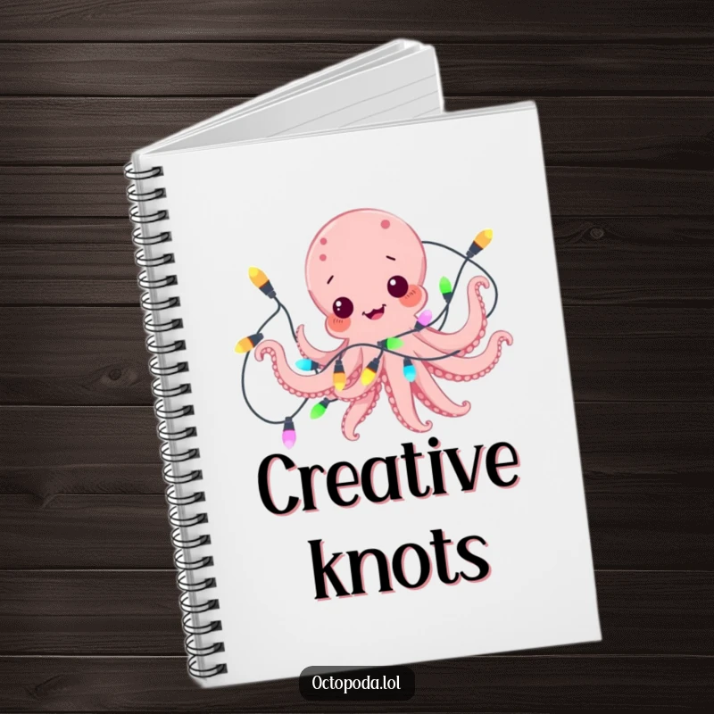 Funny notebook with a playful octopus comically tangled in colorful lights, perfect for jotting down ideas and festive musings.