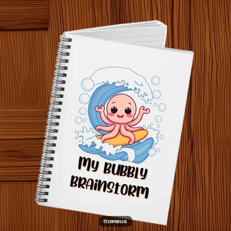 Funny notebook: a happy octopus surfing a giant wave of soap bubbles, perfect for capturing fun thoughts and creative ideas.