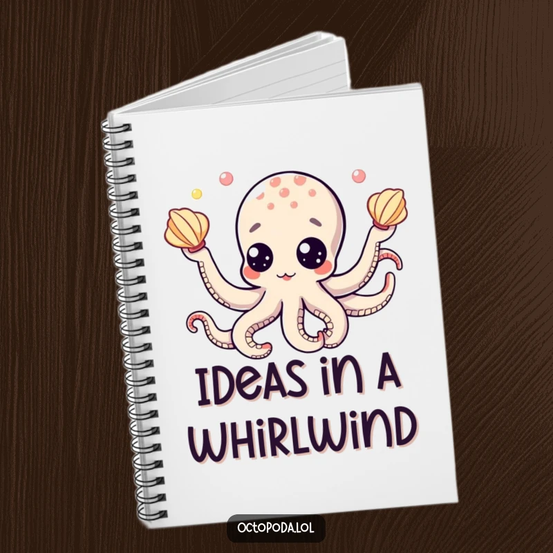 Funny notebook with a cute octopus character, its googly eyes focused on juggling seashells, for humorous note-taking.