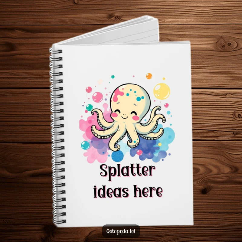 Funny notebook showcasing a cheerful octopus swimming amidst bubbles, creating playful ink splatters for unique note-taking.