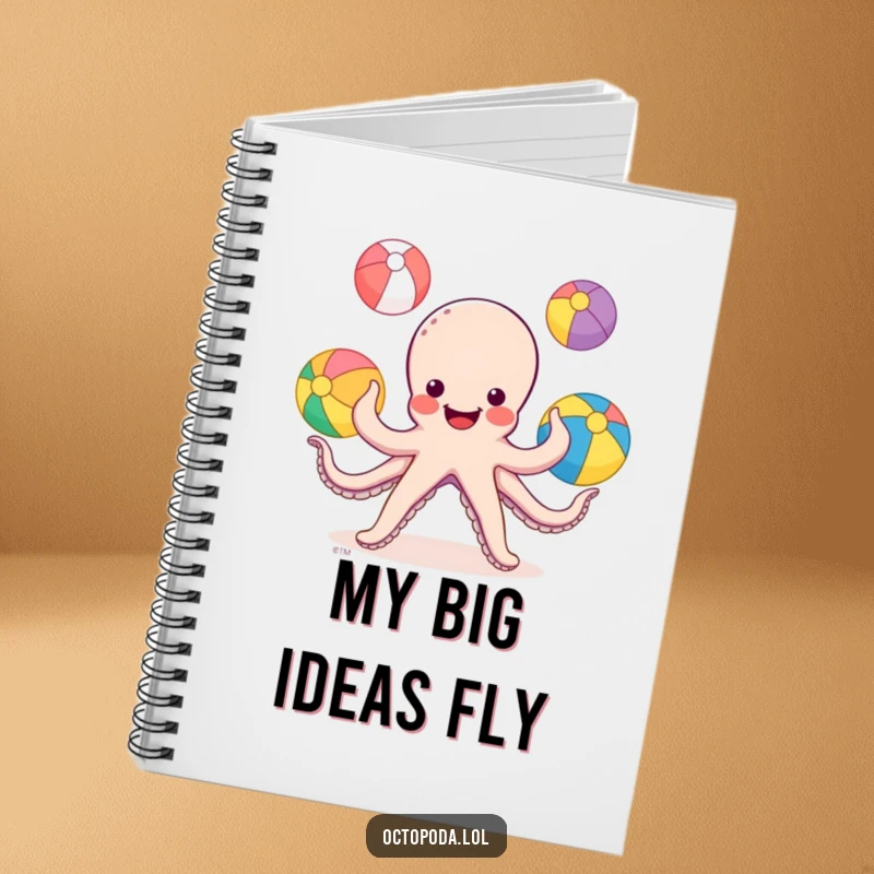 Funny Octopus Juggling Notebook: a notebook featuring a smiling octopus juggling colorful beach balls with its tentacles.