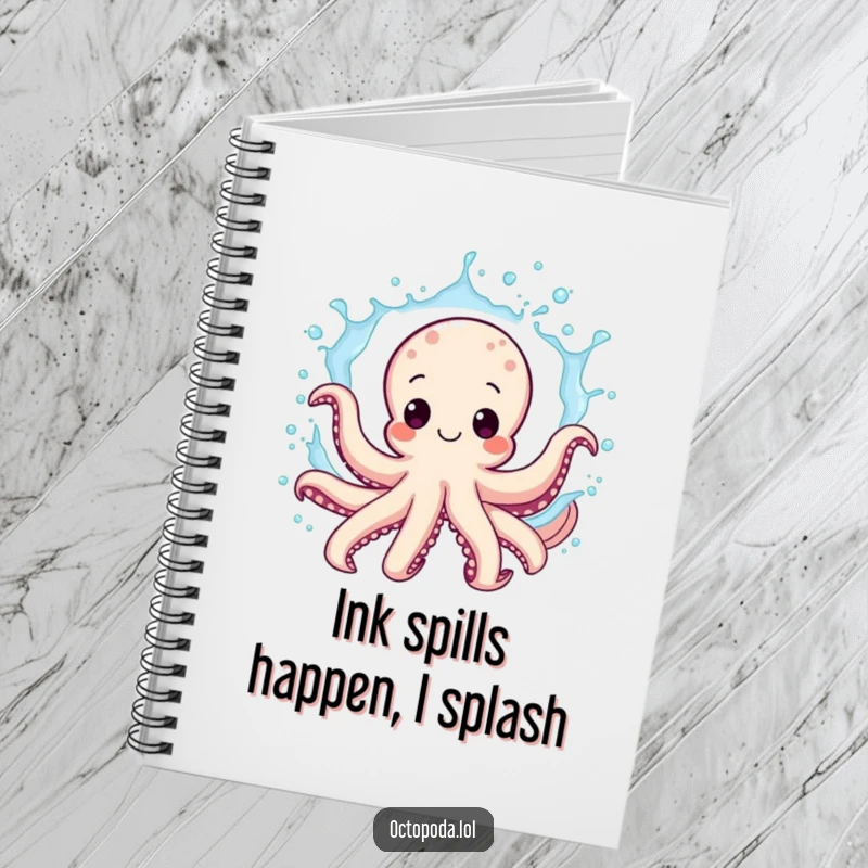 Funny octopus notebook, a joyful cephalopod splashing water, perfect for notes and doodles, a humorous and practical stationery item.