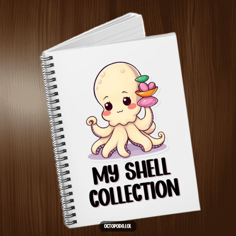 Funny notebook with a determined little octopus character stacking colorful shiny shells with a tentacle, great for notes.