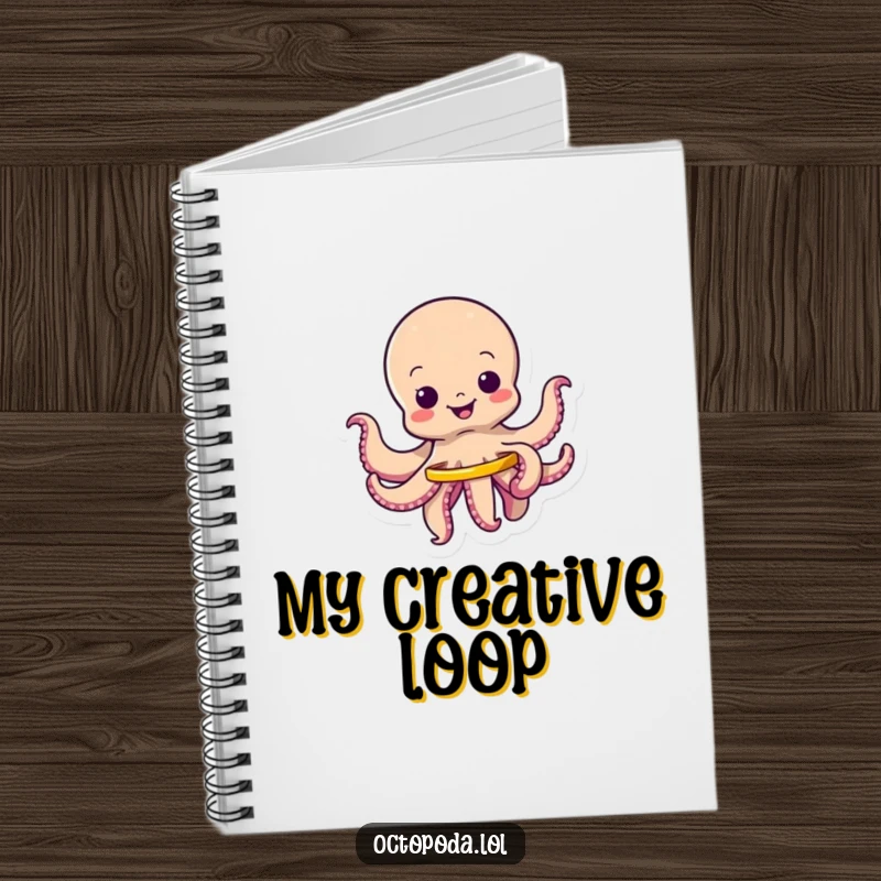Funny notebook with a wiggling octopus character happily spinning a small hula hoop, designed for energetic note-taking.