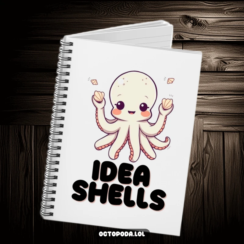 Funny octopus notebook featuring a playful octopus character juggling small seashells, ideal for journaling and creative inspiration.