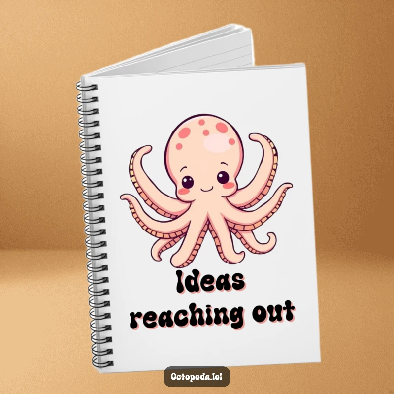Funny octopus notebook, a joyful cephalopod unfurling its limbs, perfect for notes and creative thinking, a humorous stationery item.