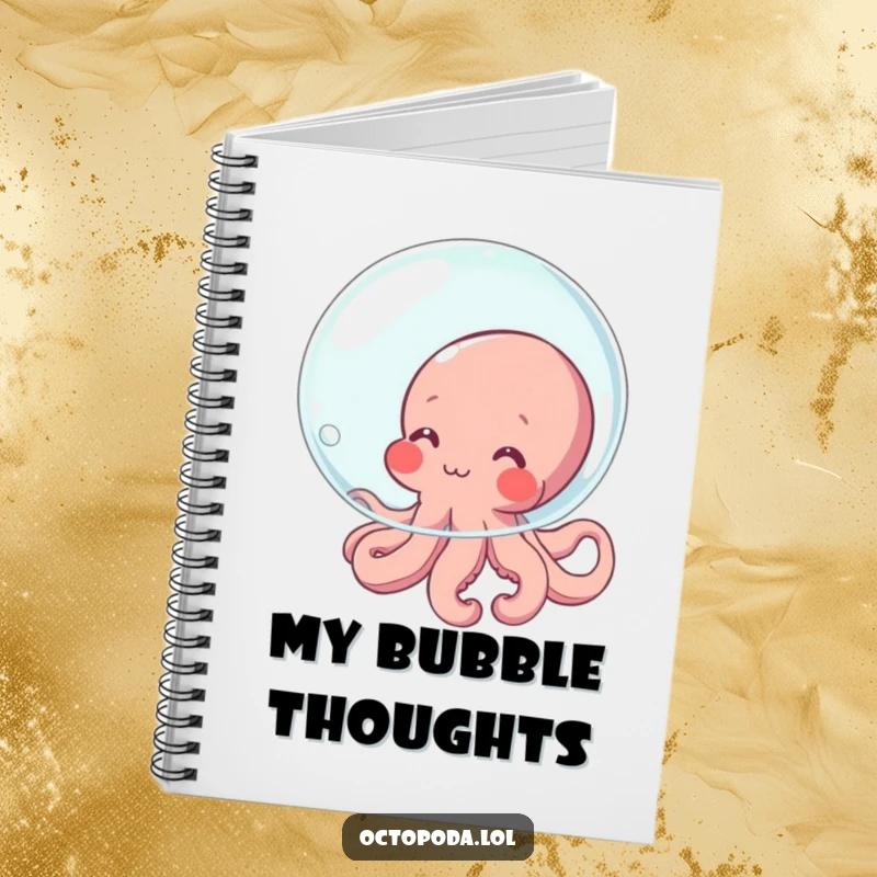 Funny Octopus Notebook with a shy, blushing octopus character comically hiding behind a bubble, perfect for journaling and note-taking.