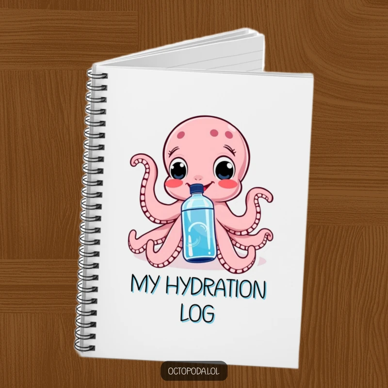 Funny notebook cover featuring a happy octopus squeezing a water bottle, perfect for journaling or jotting down active ideas.