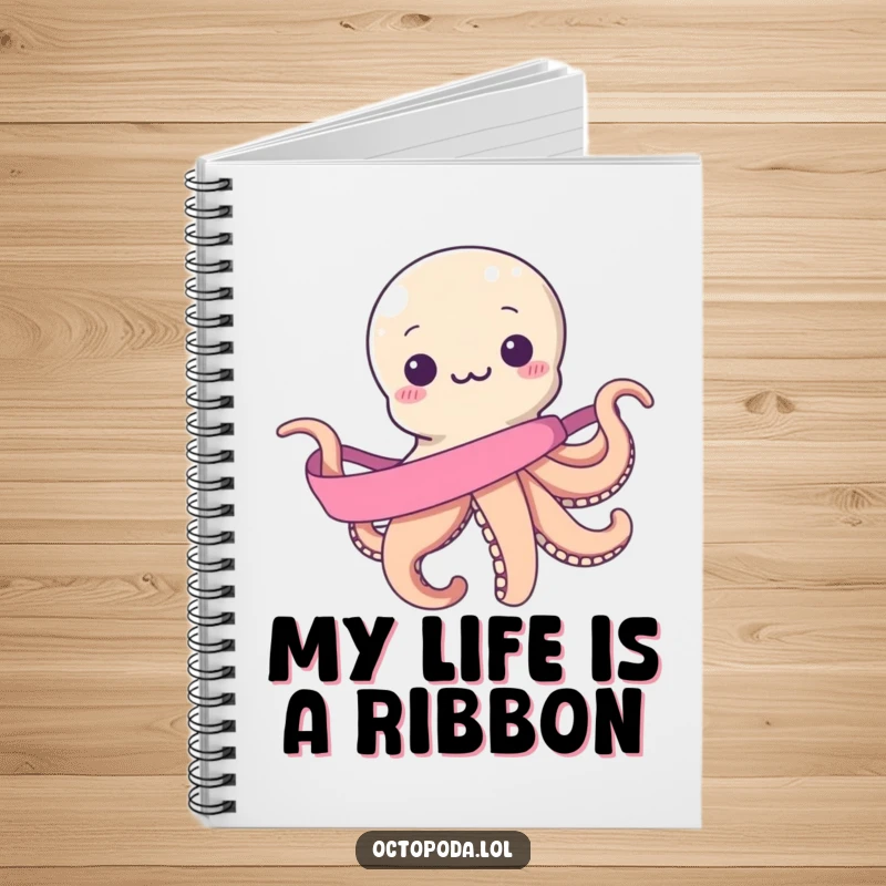 Funny notebook: a cheerful octopus comically trying to wrap itself with a single, endless ribbon, perfect for jotting down chaotic but brilliant ideas.